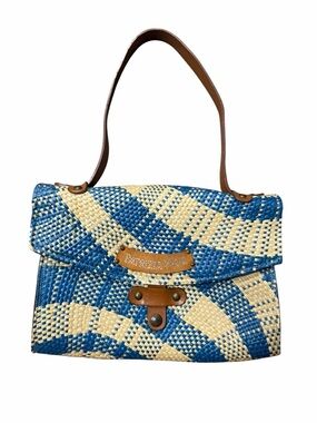 Patrizia Pepe Blue and Beige Woven Straw Shoulder Bag